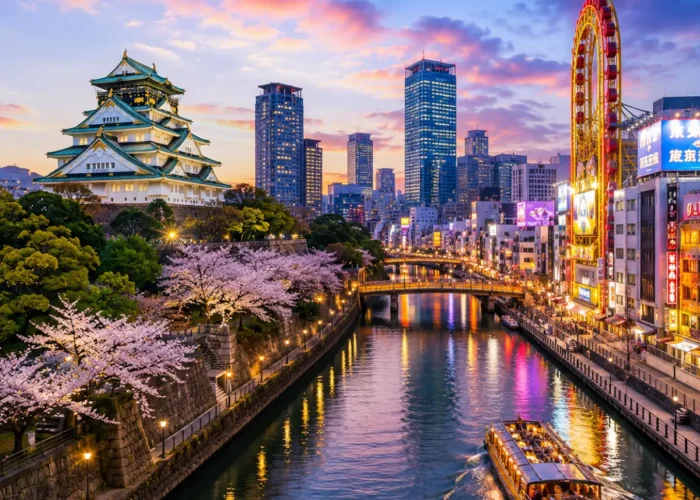 Luxury Osaka cityscape featuring the iconic Osaka Castle, a scenic river with a sightseeing cruise, vibrant modern skyline, cherry blossom trees, and colourful evening reflections. No people.