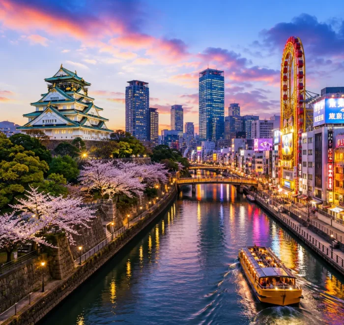 Luxury Osaka cityscape featuring the iconic Osaka Castle, a scenic river with a sightseeing cruise, vibrant modern skyline, cherry blossom trees, and colourful evening reflections. No people.