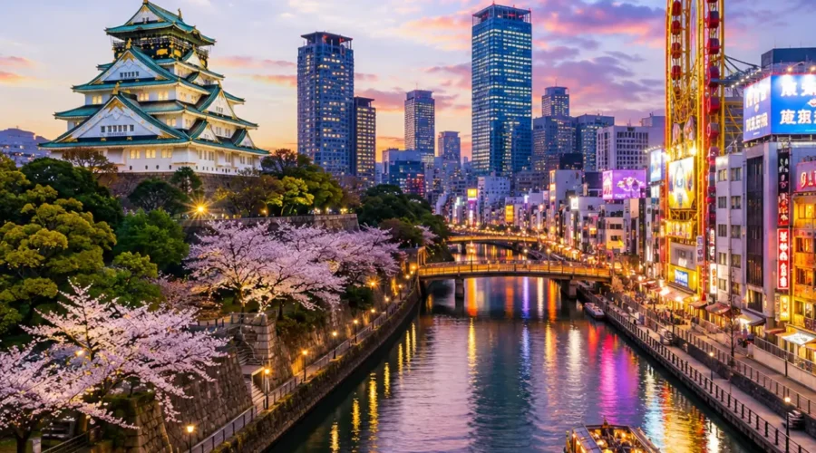 Luxury Osaka cityscape featuring the iconic Osaka Castle, a scenic river with a sightseeing cruise, vibrant modern skyline, cherry blossom trees, and colourful evening reflections. No people.