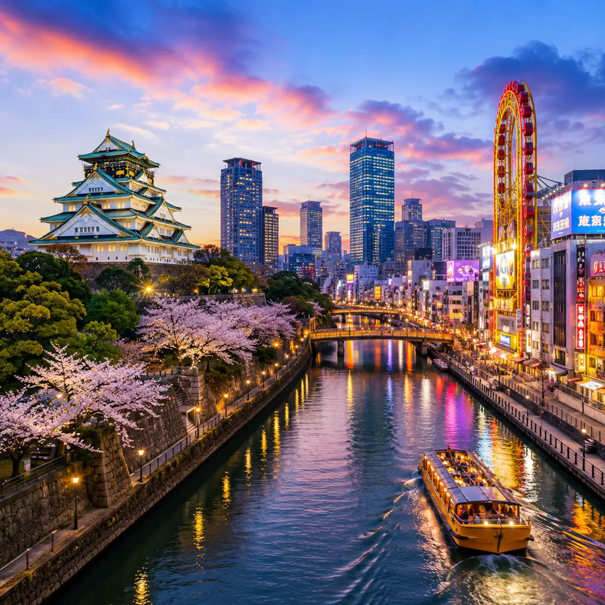 Luxury Osaka cityscape featuring the iconic Osaka Castle, a scenic river with a sightseeing cruise, vibrant modern skyline, cherry blossom trees, and colourful evening reflections. No people.