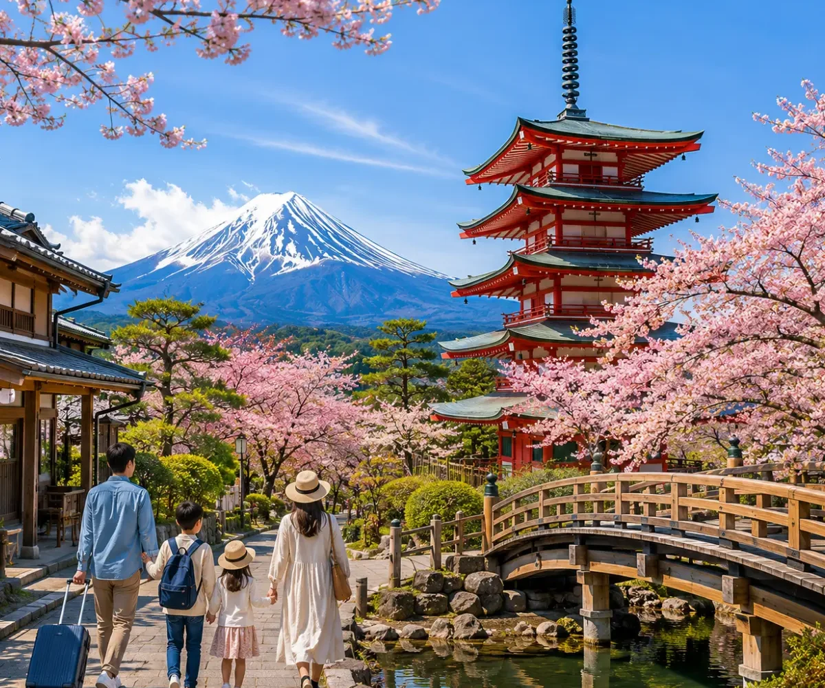 Luxury Japan family holiday featuring a family walking through a picturesque cherry blossom-lined street with Mount Fuji, the iconic Chureito Pagoda, a traditional wooden bridge, and crystal-clear blue skies in bright daytime. Perfect for a premium family vacation.