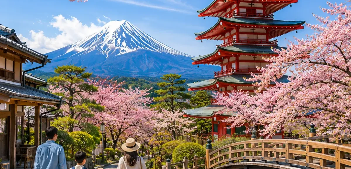 Luxury Japan family holiday featuring a family walking through a picturesque cherry blossom-lined street with Mount Fuji, the iconic Chureito Pagoda, a traditional wooden bridge, and crystal-clear blue skies in bright daytime. Perfect for a premium family vacation.