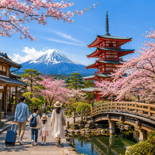 Luxury Japan family holiday featuring a family walking through a picturesque cherry blossom-lined street with Mount Fuji, the iconic Chureito Pagoda, a traditional wooden bridge, and crystal-clear blue skies in bright daytime. Perfect for a premium family vacation.