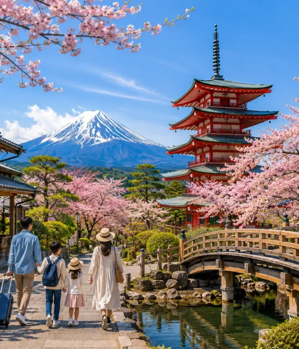 Luxury Japan family holiday featuring a family walking through a picturesque cherry blossom-lined street with Mount Fuji, the iconic Chureito Pagoda, a traditional wooden bridge, and crystal-clear blue skies in bright daytime. Perfect for a premium family vacation.