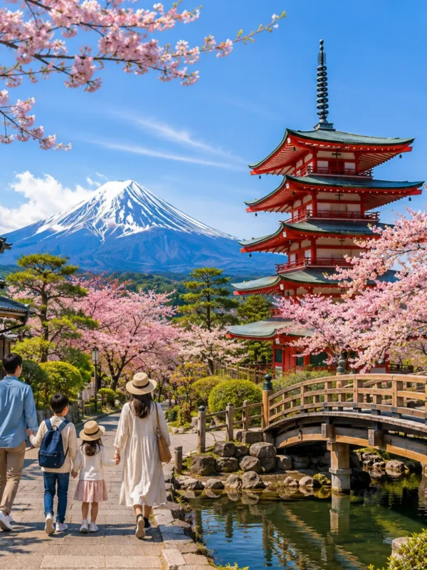 Luxury Japan family holiday featuring a family walking through a picturesque cherry blossom-lined street with Mount Fuji, the iconic Chureito Pagoda, a traditional wooden bridge, and crystal-clear blue skies in bright daytime. Perfect for a premium family vacation.