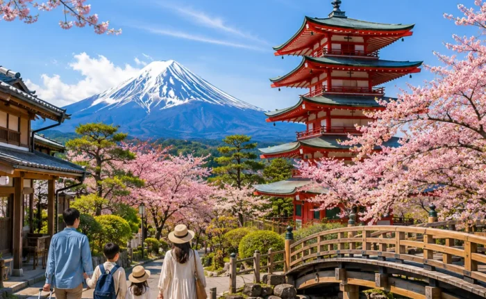 Luxury Japan family holiday featuring a family walking through a picturesque cherry blossom-lined street with Mount Fuji, the iconic Chureito Pagoda, a traditional wooden bridge, and crystal-clear blue skies in bright daytime. Perfect for a premium family vacation.