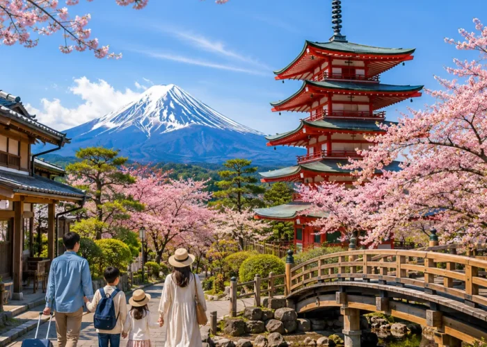 Luxury Japan family holiday featuring a family walking through a picturesque cherry blossom-lined street with Mount Fuji, the iconic Chureito Pagoda, a traditional wooden bridge, and crystal-clear blue skies in bright daytime. Perfect for a premium family vacation.