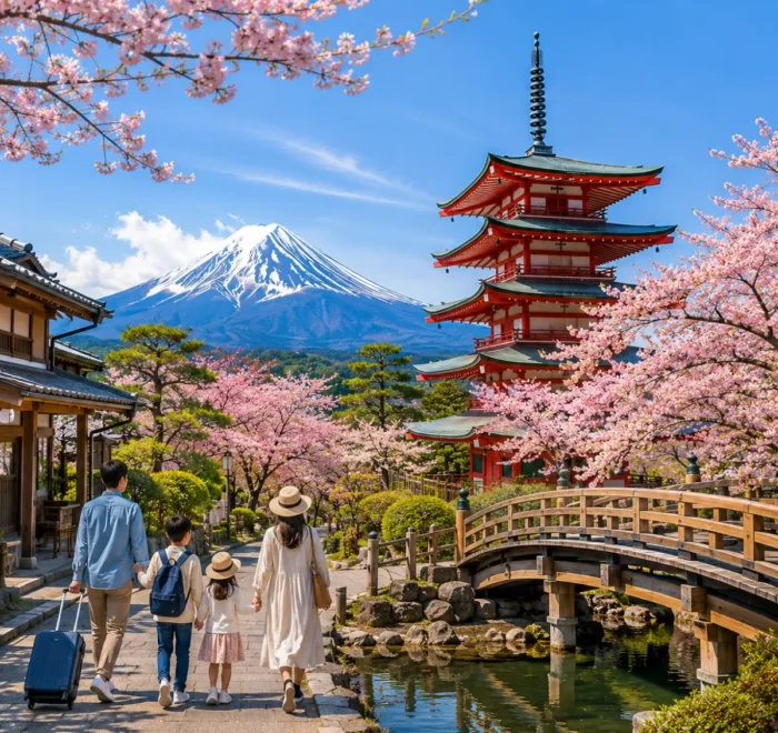 Luxury Japan family holiday featuring a family walking through a picturesque cherry blossom-lined street with Mount Fuji, the iconic Chureito Pagoda, a traditional wooden bridge, and crystal-clear blue skies in bright daytime. Perfect for a premium family vacation.