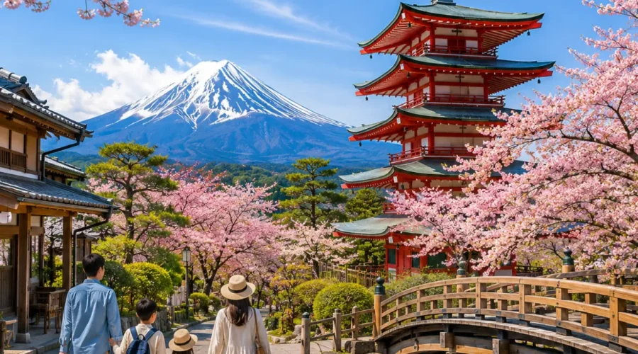 Luxury Japan family holiday featuring a family walking through a picturesque cherry blossom-lined street with Mount Fuji, the iconic Chureito Pagoda, a traditional wooden bridge, and crystal-clear blue skies in bright daytime. Perfect for a premium family vacation.