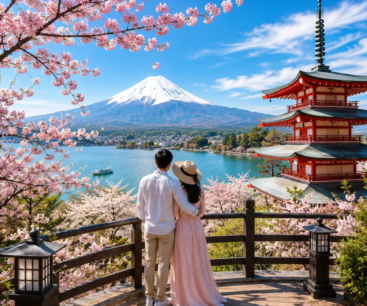 Luxury Japan honeymoon couple enjoying a panoramic viewpoint overlooking Mount Fuji, the iconic Chureito Pagoda, Lake Kawaguchi, and blooming cherry blossoms under a clear blue sky in bright daylight.