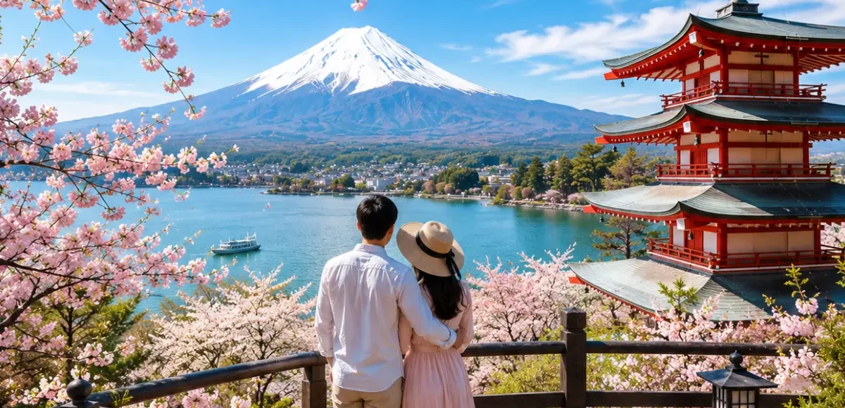Luxury Japan honeymoon couple enjoying a panoramic viewpoint overlooking Mount Fuji, the iconic Chureito Pagoda, Lake Kawaguchi, and blooming cherry blossoms under a clear blue sky in bright daylight.