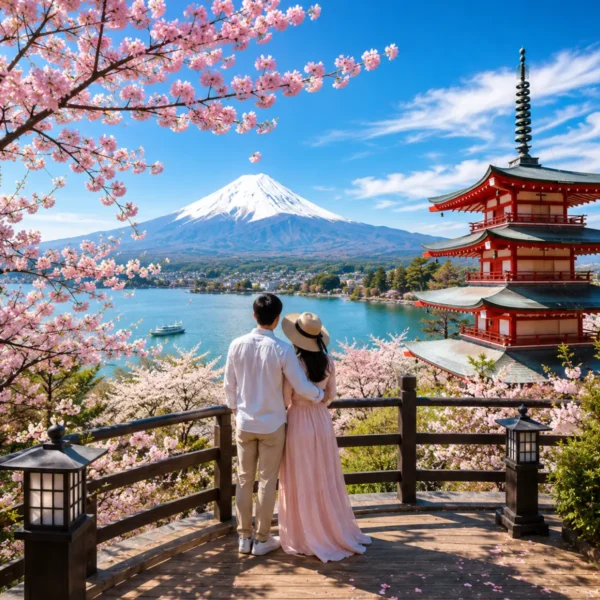 Luxury Japan honeymoon couple enjoying a panoramic viewpoint overlooking Mount Fuji, the iconic Chureito Pagoda, Lake Kawaguchi, and blooming cherry blossoms under a clear blue sky in bright daylight.