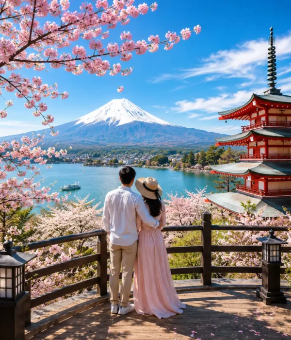 Luxury Japan honeymoon couple enjoying a panoramic viewpoint overlooking Mount Fuji, the iconic Chureito Pagoda, Lake Kawaguchi, and blooming cherry blossoms under a clear blue sky in bright daylight.