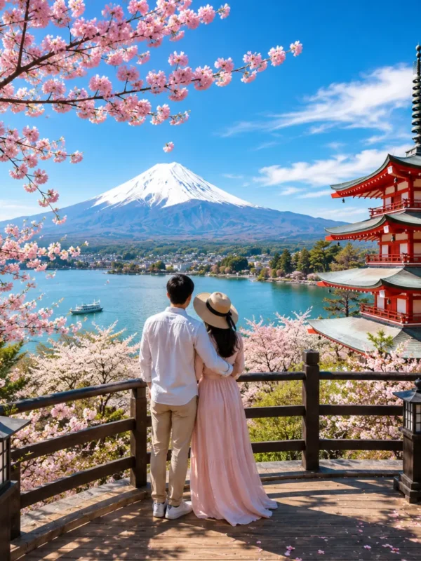 Luxury Japan honeymoon couple enjoying a panoramic viewpoint overlooking Mount Fuji, the iconic Chureito Pagoda, Lake Kawaguchi, and blooming cherry blossoms under a clear blue sky in bright daylight.