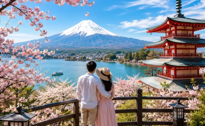 Luxury Japan honeymoon couple enjoying a panoramic viewpoint overlooking Mount Fuji, the iconic Chureito Pagoda, Lake Kawaguchi, and blooming cherry blossoms under a clear blue sky in bright daylight.