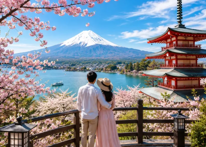 Luxury Japan honeymoon couple enjoying a panoramic viewpoint overlooking Mount Fuji, the iconic Chureito Pagoda, Lake Kawaguchi, and blooming cherry blossoms under a clear blue sky in bright daylight.