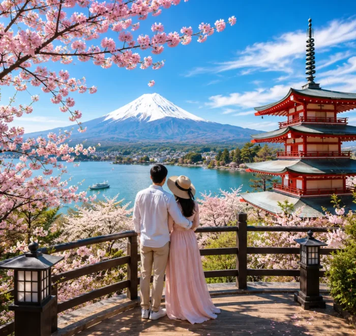 Luxury Japan honeymoon couple enjoying a panoramic viewpoint overlooking Mount Fuji, the iconic Chureito Pagoda, Lake Kawaguchi, and blooming cherry blossoms under a clear blue sky in bright daylight.