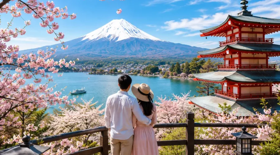 Luxury Japan honeymoon couple enjoying a panoramic viewpoint overlooking Mount Fuji, the iconic Chureito Pagoda, Lake Kawaguchi, and blooming cherry blossoms under a clear blue sky in bright daylight.