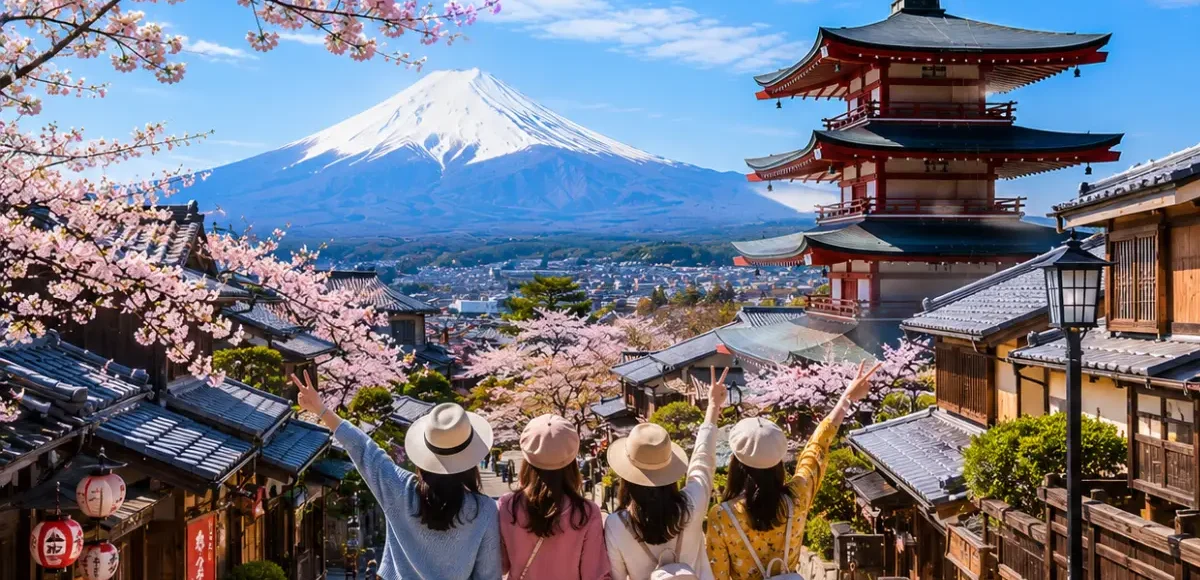 Women-only Japan tour featuring four female travellers exploring Kyoto's historic streets with the iconic Yasaka Pagoda, Mount Fuji, traditional wooden houses, and blooming cherry blossoms under a bright blue sky.