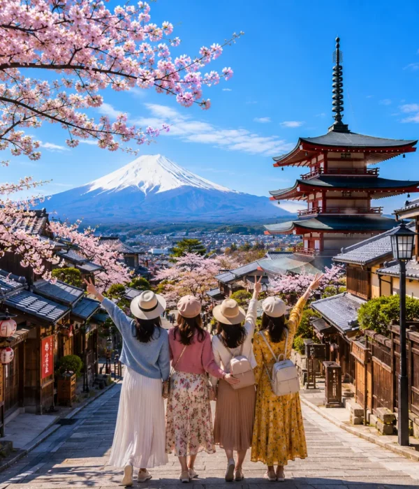 Women-only Japan tour featuring four female travellers exploring Kyoto's historic streets with the iconic Yasaka Pagoda, Mount Fuji, traditional wooden houses, and blooming cherry blossoms under a bright blue sky.