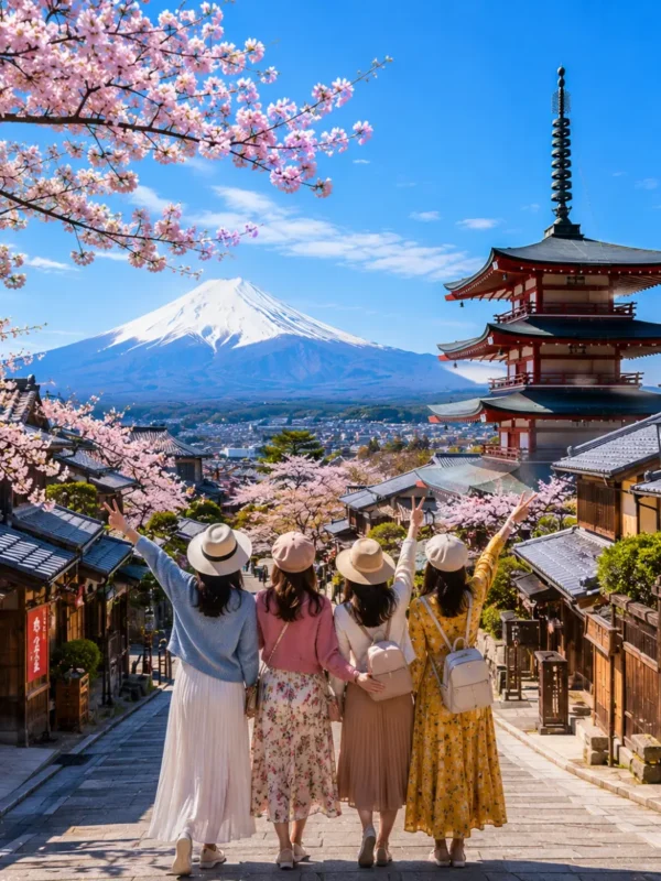 Women-only Japan tour featuring four female travellers exploring Kyoto's historic streets with the iconic Yasaka Pagoda, Mount Fuji, traditional wooden houses, and blooming cherry blossoms under a bright blue sky.