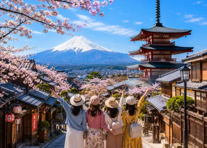 Women-only Japan tour featuring four female travellers exploring Kyoto's historic streets with the iconic Yasaka Pagoda, Mount Fuji, traditional wooden houses, and blooming cherry blossoms under a bright blue sky.