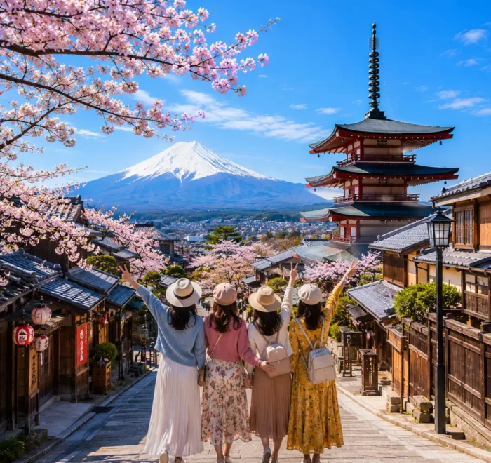 Women-only Japan tour featuring four female travellers exploring Kyoto's historic streets with the iconic Yasaka Pagoda, Mount Fuji, traditional wooden houses, and blooming cherry blossoms under a bright blue sky.