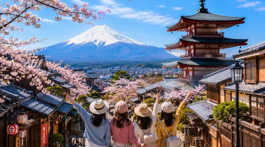 Women-only Japan tour featuring four female travellers exploring Kyoto's historic streets with the iconic Yasaka Pagoda, Mount Fuji, traditional wooden houses, and blooming cherry blossoms under a bright blue sky.