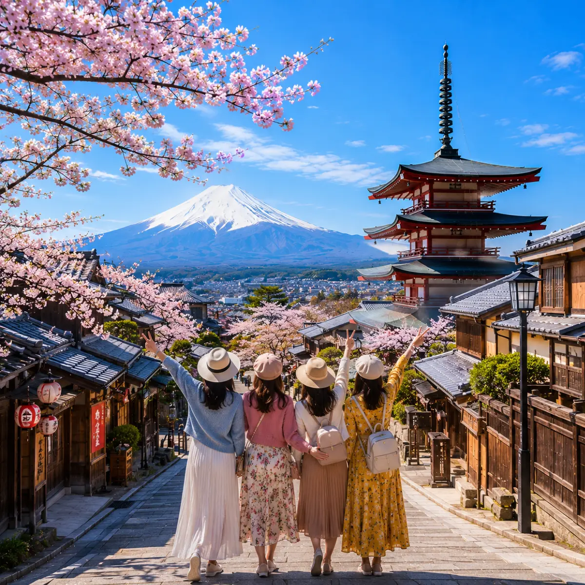 Women-only Japan tour featuring four female travellers exploring Kyoto's historic streets with the iconic Yasaka Pagoda, Mount Fuji, traditional wooden houses, and blooming cherry blossoms under a bright blue sky.