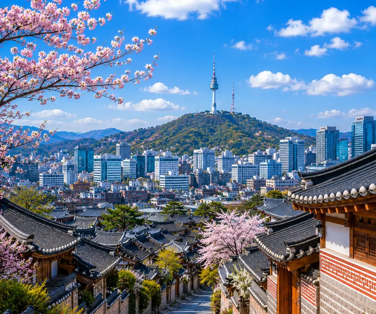 Luxury Seoul cityscape featuring the historic Bukchon Hanok Village, traditional Korean architecture, blooming cherry blossom trees, the iconic N Seoul Tower, and the modern skyline under a bright blue sky. No people.