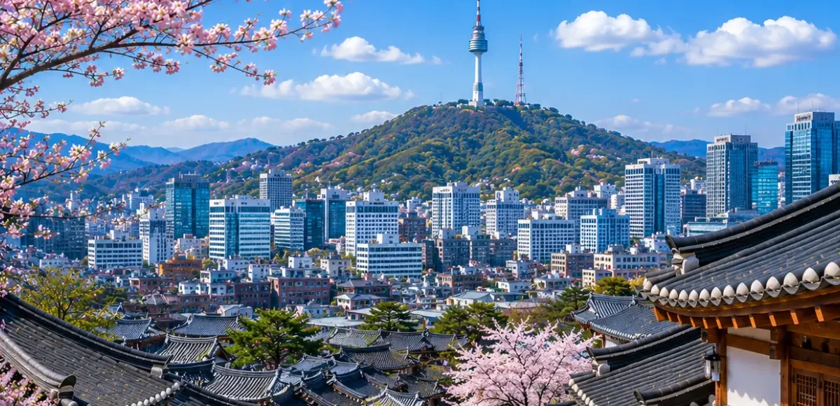 Luxury Seoul cityscape featuring the historic Bukchon Hanok Village, traditional Korean architecture, blooming cherry blossom trees, the iconic N Seoul Tower, and the modern skyline under a bright blue sky. No people.
