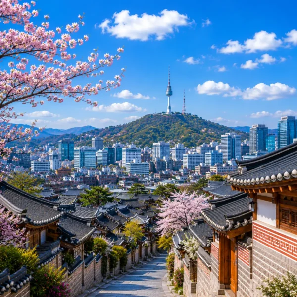 Luxury Seoul cityscape featuring the historic Bukchon Hanok Village, traditional Korean architecture, blooming cherry blossom trees, the iconic N Seoul Tower, and the modern skyline under a bright blue sky. No people.