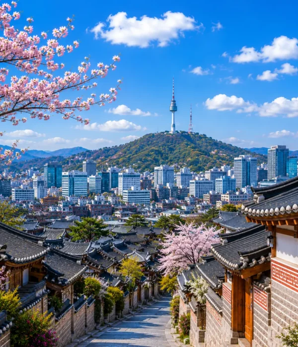 Luxury Seoul cityscape featuring the historic Bukchon Hanok Village, traditional Korean architecture, blooming cherry blossom trees, the iconic N Seoul Tower, and the modern skyline under a bright blue sky. No people.