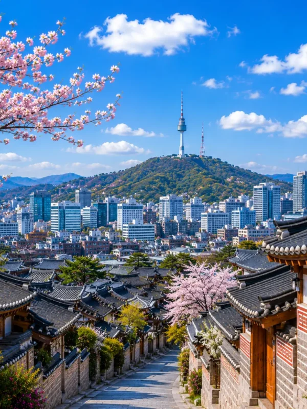Luxury Seoul cityscape featuring the historic Bukchon Hanok Village, traditional Korean architecture, blooming cherry blossom trees, the iconic N Seoul Tower, and the modern skyline under a bright blue sky. No people.
