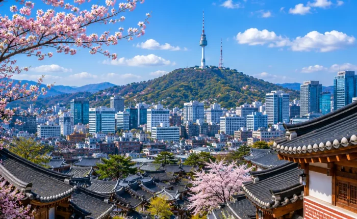 Luxury Seoul cityscape featuring the historic Bukchon Hanok Village, traditional Korean architecture, blooming cherry blossom trees, the iconic N Seoul Tower, and the modern skyline under a bright blue sky. No people.