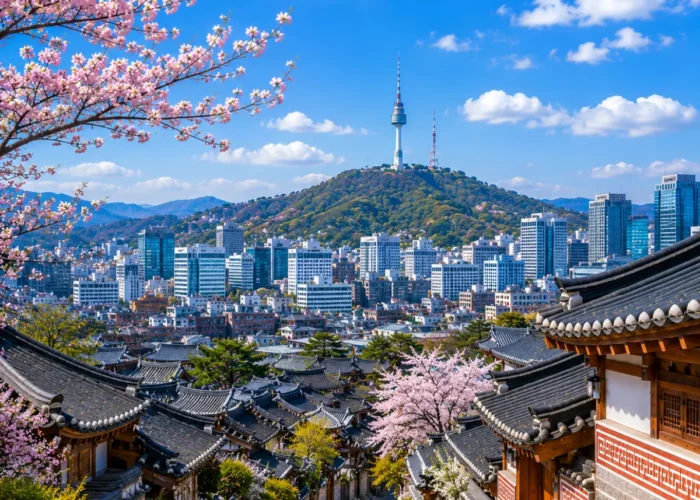 Luxury Seoul cityscape featuring the historic Bukchon Hanok Village, traditional Korean architecture, blooming cherry blossom trees, the iconic N Seoul Tower, and the modern skyline under a bright blue sky. No people.