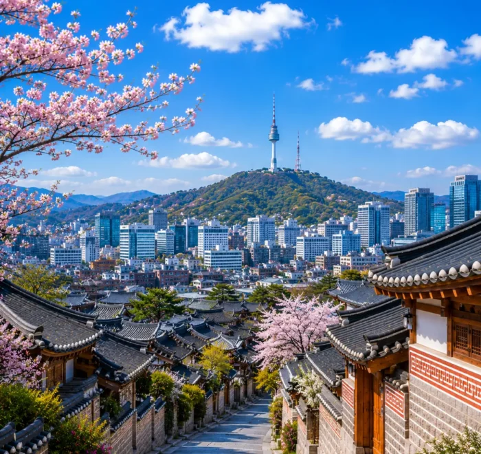 Luxury Seoul cityscape featuring the historic Bukchon Hanok Village, traditional Korean architecture, blooming cherry blossom trees, the iconic N Seoul Tower, and the modern skyline under a bright blue sky. No people.