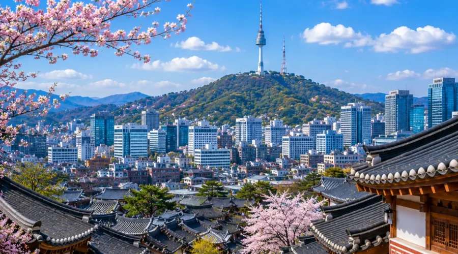 Luxury Seoul cityscape featuring the historic Bukchon Hanok Village, traditional Korean architecture, blooming cherry blossom trees, the iconic N Seoul Tower, and the modern skyline under a bright blue sky. No people.