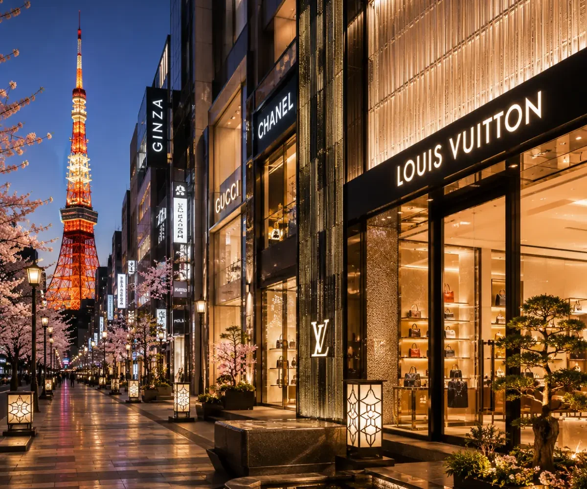 Luxury shopping district in Tokyo featuring elegant designer boutiques, premium architecture, polished storefronts, refined landscaping, and a sophisticated Japanese city atmosphere in bright daylight.