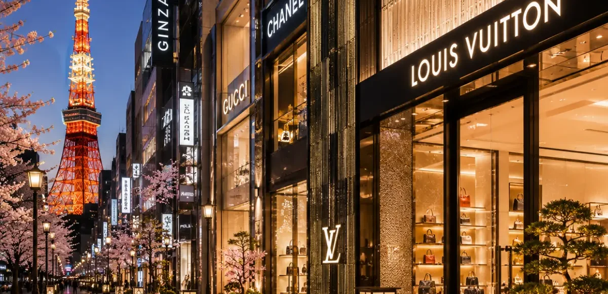 Luxury shopping district in Tokyo featuring elegant designer boutiques, premium architecture, polished storefronts, refined landscaping, and a sophisticated Japanese city atmosphere in bright daylight.
