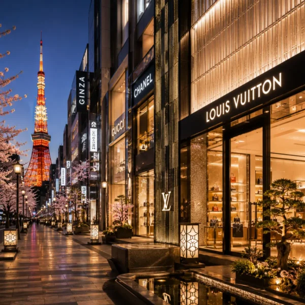 Luxury shopping district in Tokyo featuring elegant designer boutiques, premium architecture, polished storefronts, refined landscaping, and a sophisticated Japanese city atmosphere in bright daylight.