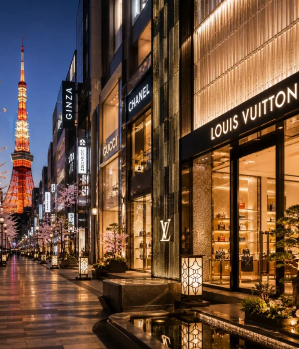 Luxury shopping district in Tokyo featuring elegant designer boutiques, premium architecture, polished storefronts, refined landscaping, and a sophisticated Japanese city atmosphere in bright daylight.