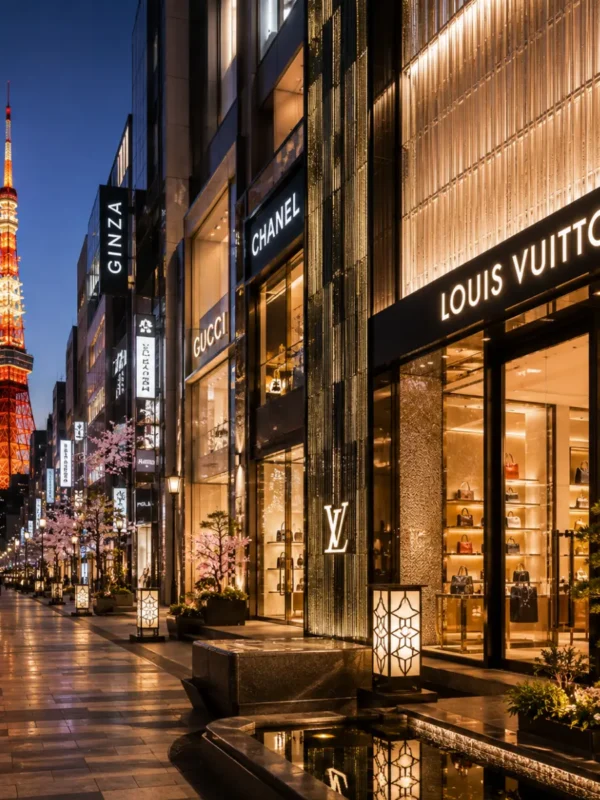 Luxury shopping district in Tokyo featuring elegant designer boutiques, premium architecture, polished storefronts, refined landscaping, and a sophisticated Japanese city atmosphere in bright daylight.