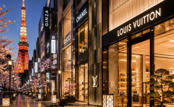 Luxury shopping district in Tokyo featuring elegant designer boutiques, premium architecture, polished storefronts, refined landscaping, and a sophisticated Japanese city atmosphere in bright daylight.