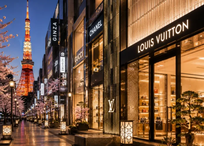Luxury shopping district in Tokyo featuring elegant designer boutiques, premium architecture, polished storefronts, refined landscaping, and a sophisticated Japanese city atmosphere in bright daylight.