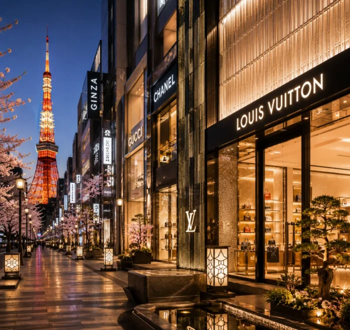 Luxury shopping district in Tokyo featuring elegant designer boutiques, premium architecture, polished storefronts, refined landscaping, and a sophisticated Japanese city atmosphere in bright daylight.