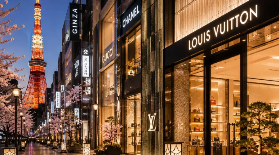 Luxury shopping district in Tokyo featuring elegant designer boutiques, premium architecture, polished storefronts, refined landscaping, and a sophisticated Japanese city atmosphere in bright daylight.