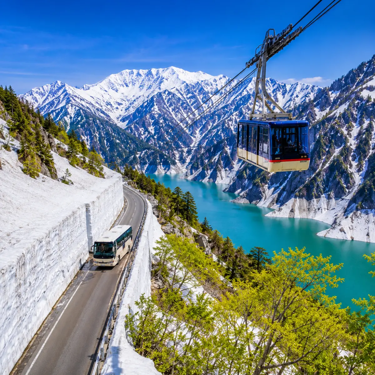 Luxury Japan Alpine Route featuring the iconic Tateyama Kurobe Snow Corridor, crystal-clear turquoise Kurobe Lake, panoramic snow-covered peaks, an alpine cable car, and a scenic mountain road under bright blue skies. No people.