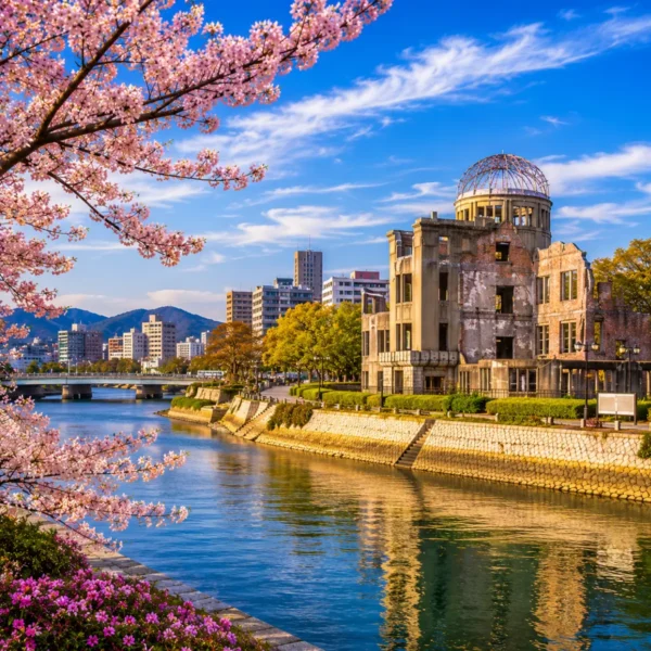 Luxury Hiroshima cityscape featuring the Hiroshima Peace Memorial (Atomic Bomb Dome), a tranquil riverside, blooming cherry blossom trees, modern skyline, and crystal-clear blue skies in bright daylight. No people.