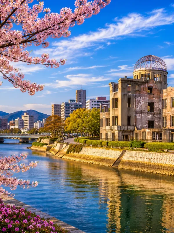 Luxury Hiroshima cityscape featuring the Hiroshima Peace Memorial (Atomic Bomb Dome), a tranquil riverside, blooming cherry blossom trees, modern skyline, and crystal-clear blue skies in bright daylight. No people.